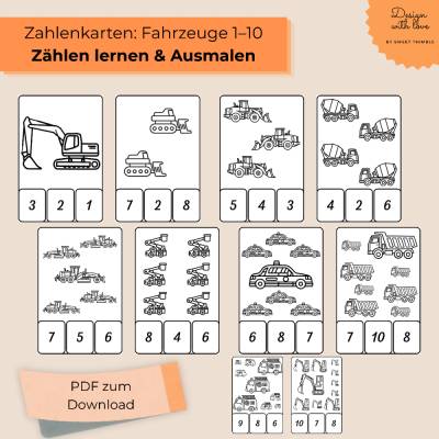 Fahrzeugkarten zum Zählen und Ausmalen – Zahlen lernen 1–10 | Lernkarten für Kinder | PDF zum Ausdrucken