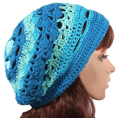Damenbeanie *Lagune* aus Baumwollgarn – Handgehäkelt, Sommermütze im Lagunen-Design