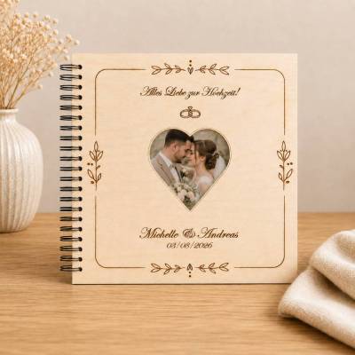 Personalisiertes Hochzeits‑Fotoalbum 30x30 cm | aus Birkensperrholz 3 mm | 50 Seiten Fotokarton | Namen & Datum