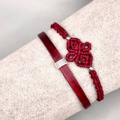  Armband 2in1 Makramee + Leder in weinrot