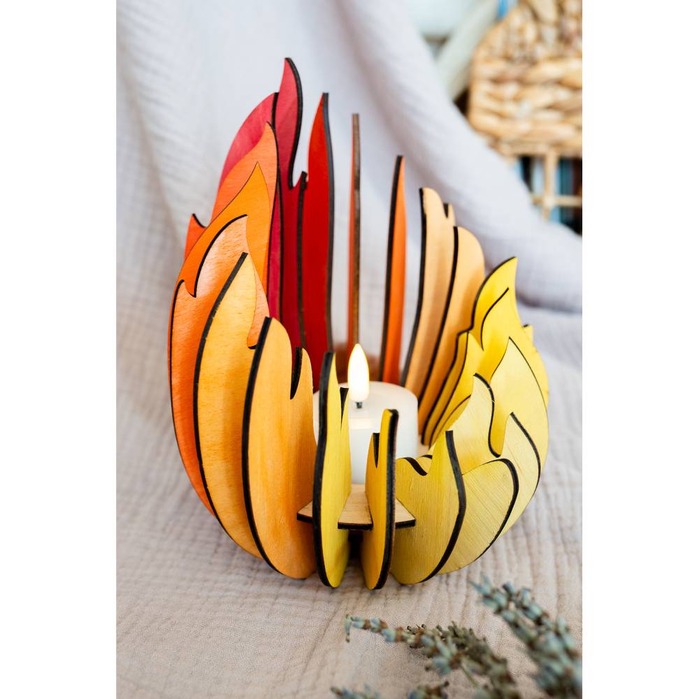 Lagerfeuer Windlicht Holz Bunt – Teelichthalter Flamme für LED Teelicht – Gemütliche Deko & Geschenk