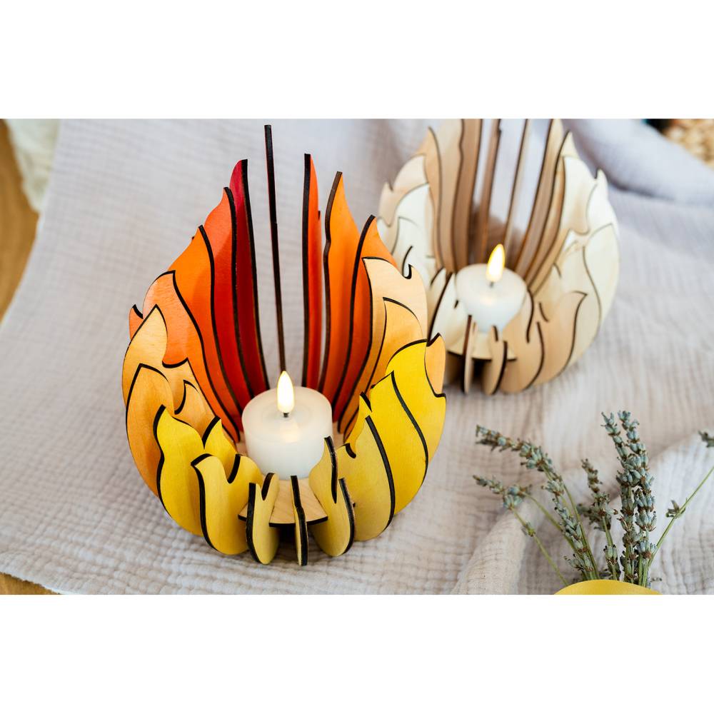 Lagerfeuer Windlicht Holz Bunt – Teelichthalter Flamme für LED Teelicht – Gemütliche Deko & Geschenk