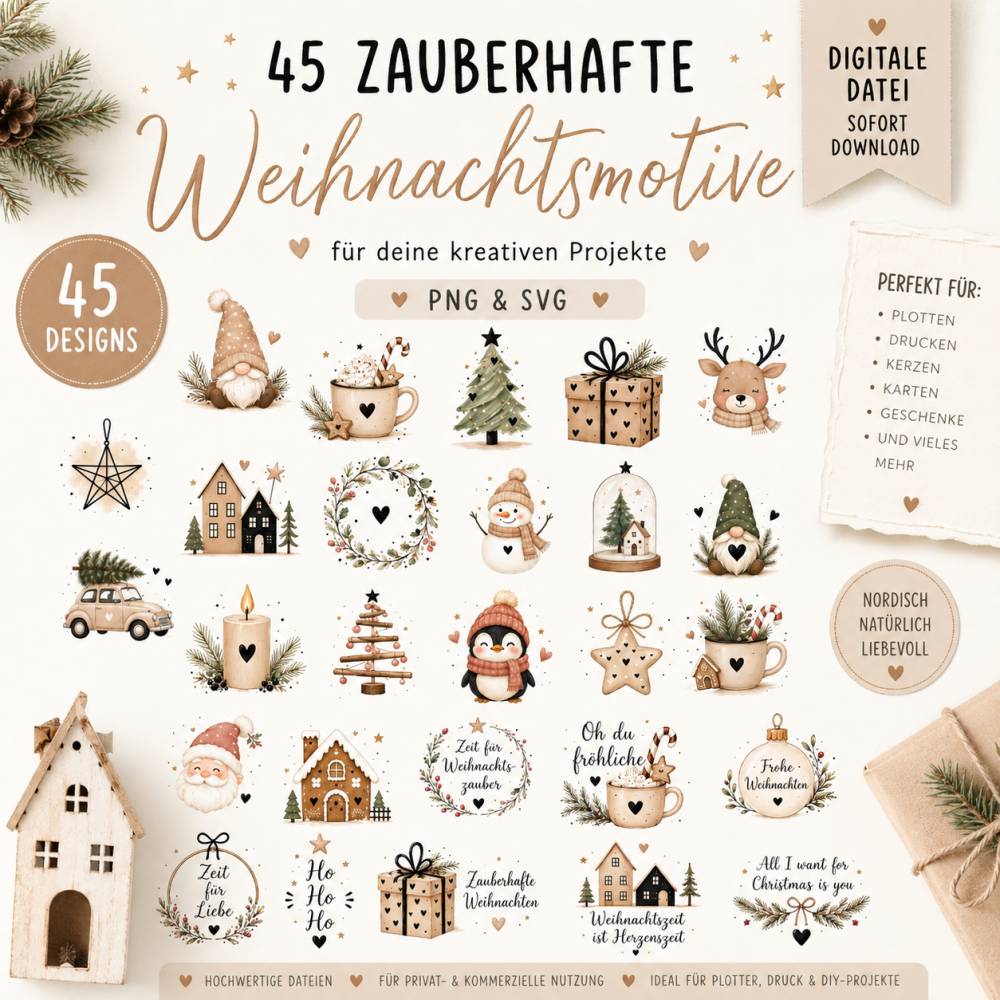 45 Weihnachtsmotive PNG SVG | Weihnachts Clipart Bundle | Plotterdateien Weihnachten | Wichtel Tannenbaum Christmas Bild 1