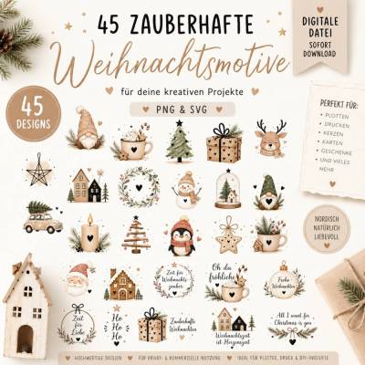 45 Weihnachtsmotive PNG SVG | Weihnachts Clipart Bundle | Plotterdateien Weihnachten | Wichtel Tannenbaum Christmas