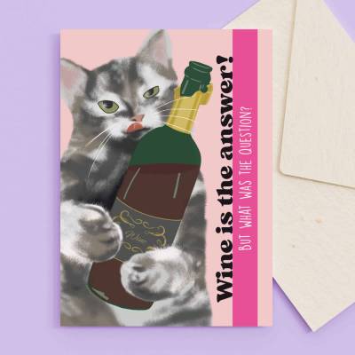 Grußkarte A6 "Wine is the answer" mit Umschlag - witzige Katzenkarte für Weinfans