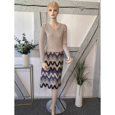 Unikat-Einmalige Fertigung! Damen Strickrock mit Zickzackmuster – Beige Blau Grau – Rock mit Zackensaum