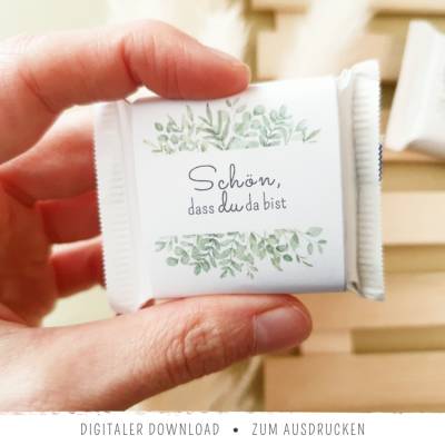 Mini-Ritter-Sport-Banderolen "Schön, dass du da bist" | Gastgeschenk für Hochzeit, Taufe & Geburtstag | 2 Designs Grün
