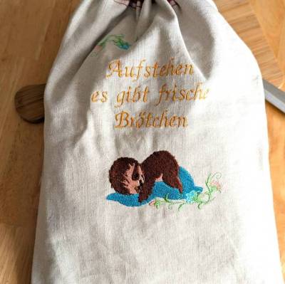 Brotbeutel Faultier aus antikem Rolltuch gefüttert mit Leinen