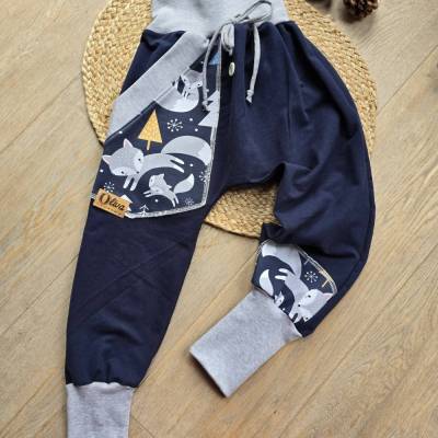 Handgemachte Kinder Übergangshose Pumphose Gr.116-122 aus Organic -Sweat – Unikat in Blau, Fuchs Jogger