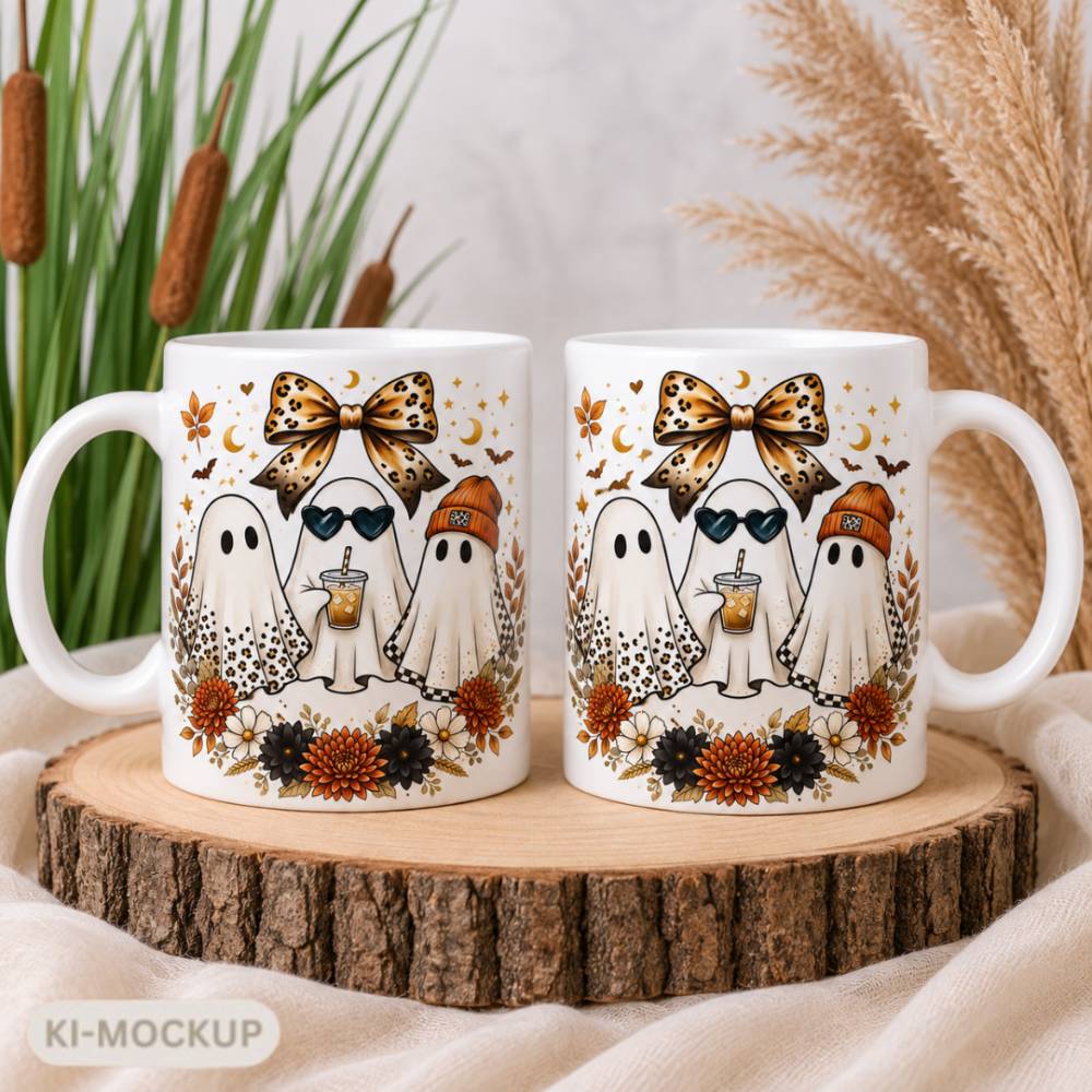 Halloween Tasse 330 ml mit Geistern & Leo Schleife – herbstliche Keramiktasse – Geschenk für Halloween & Herbst