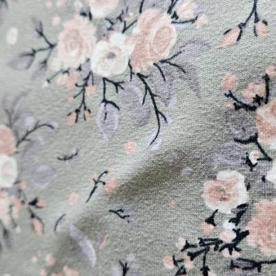 1016 1017 Stoff Baumwolljersey graugrün mit Blumen, Rosen