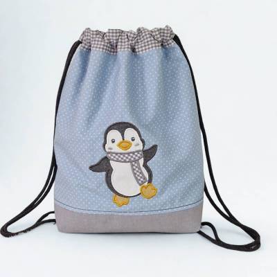 Turnbeutel mit Name und Pinguin
