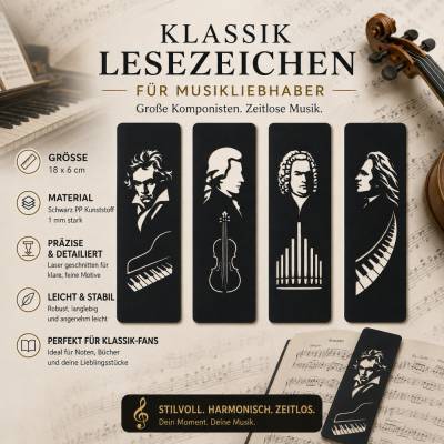 Klassische Musik Lesezeichen von Beethoven, Mozart, Bach & Liszt | Minimalistische Komponisten‑Silhouetten | Geschenk fü