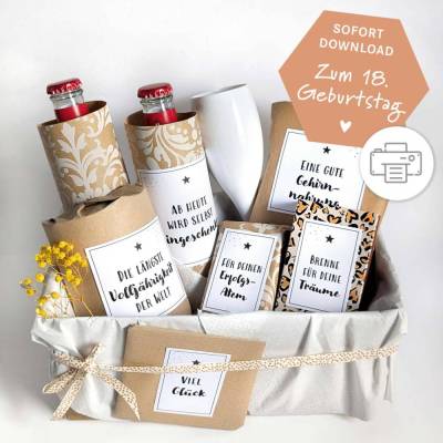 18. Geburtstagsgeschenk | Etiketten | Karte | Druckvorlage A4 | Geburtstag | Geschenk | 18ten Geburtstag | Volljährig