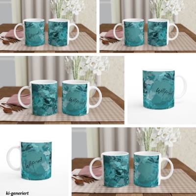 Personalisierte Tasse mit blau-türkisem Marmor-Design – Keramikbecher mit Wunschname, spülmaschinengeeignet, 325 ml