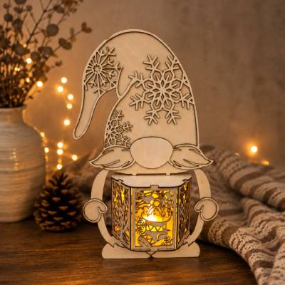 Wichtel Windlicht aus Holz – Weihnachtsdeko mit Schneeflocken & LED-Licht