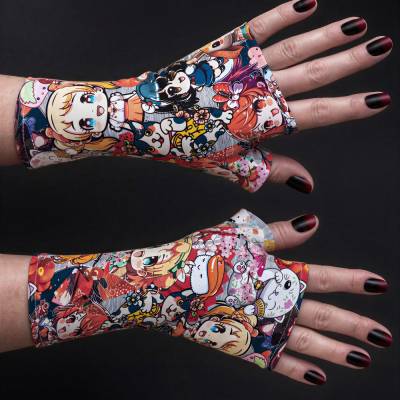 Jersey Handschuhe ohne Finger | Dark Anime Digital Print | Manga Mädchen Motiv | handgefertigte Pulswärmer unisex