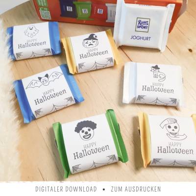 Halloween-Banderolen für Mini Ritter Sport | 6 Motive | Halloween-Mitgebsel für Kinder, Tischdeko & Gastgeschenk