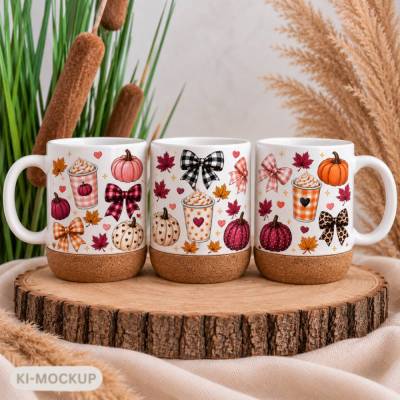 Herbst Tasse mit Korkboden 300 ml – Kürbisse, Schleifen & Pumpkin Spice – herbstliche Kaffeetasse – Geschenkidee Herbst