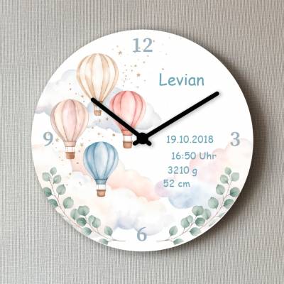 Personalisierte Geburtsuhr Heißluftballon – Wanduhr mit Namen zur Geburt, 25 oder 28 cm, Junge