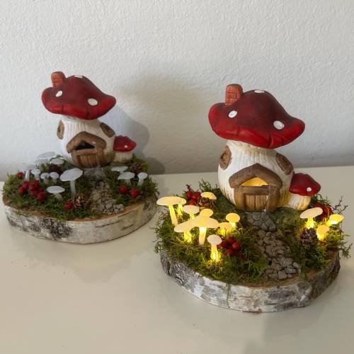 Herbstgesteck Herbstdeko Pilzhaus Ledpilze