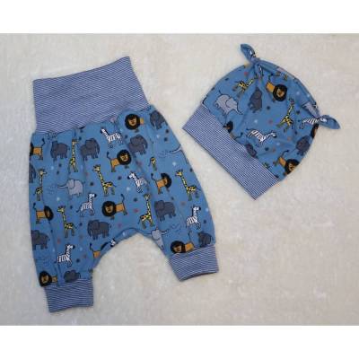 Newborn Baby Set - Pumphose & Mütze Jersey Blau - Safari Tiere Gr. 50/56 Geschenk, Geburt