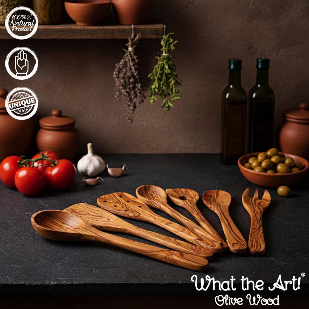 WTA! Olive Wood «The Chef» Gr. L | Set Küchenutensilien Olivenholz 7er Set | Handgemacht