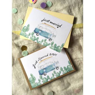 Hochzeitskarte mit Bulli und Umschlag | Just Married Postkarte | Hochzeitskarte Van