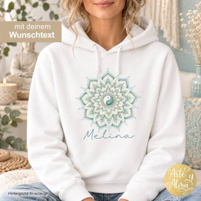 Damen Hoodie Mandala personalisiert, Yoga Hoodie, Kapuzensweatshirt mit Namen, Yoga Geschenk, Yin&Yang Mandala