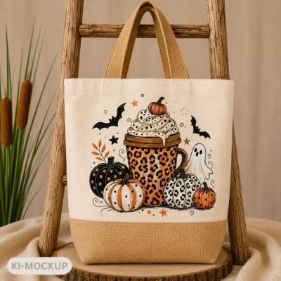 Halloween Jute Tasche mit Leo Motiv – Herbst Shopper mit Kürbis & Geist | Einkaufstasche