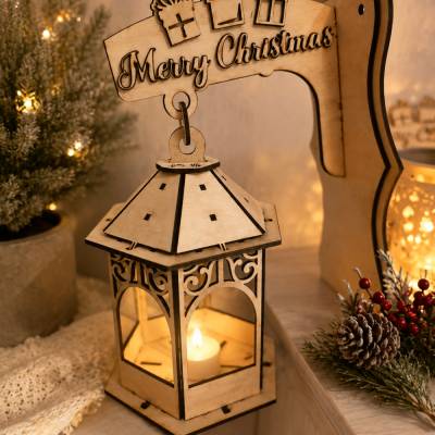 Weihnachtslaterne aus Holz mit Wandhalterung – Merry Christmas – Weihnachtsdeko