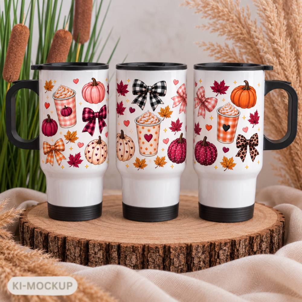 Herbst Thermobecher mit Henkel 390 ml – Kürbisse, Schleifen & Pumpkin Spice – Edelstahl Kaffeebecher für unterwegs