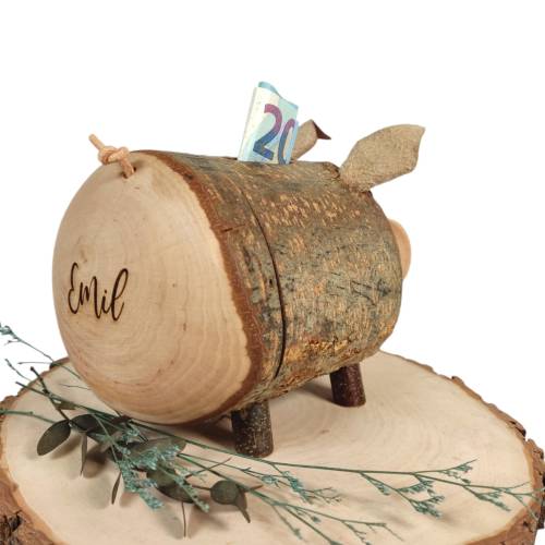 SPARSCHWEIN mit Namen aus einem Baumstamm • HOLZ Spardose • Babygeschenk zur Geburt • Kinder Geburtstag Holzschweinchen