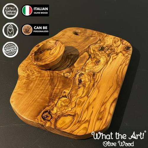 WTA! Olive Wood «Malaga» | Olivenholz Schneidebrett Servierbrett + Dip Schälchen | Handgemacht | Käsebrett Holzbrett