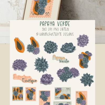 19 farbige Clipart in PNG mit Sukkulenten und Papaya Elemente für DIY Projekte