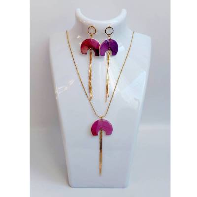 Farbenfrohes einzigartiges Schmuck-Set aus 18k-Edelstahl – Ohrringe & Kettenanhänger mit goldfarbenen Fransen