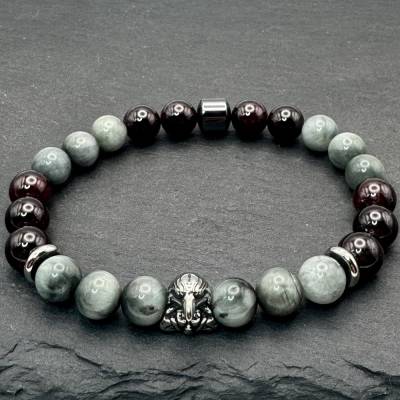 Naturstein-Armband mit Edelstahl Adlerkopf Perle - Adlerauge, roter 3A Granat, Edelstahl Abstandsscheibe – handgefertigt