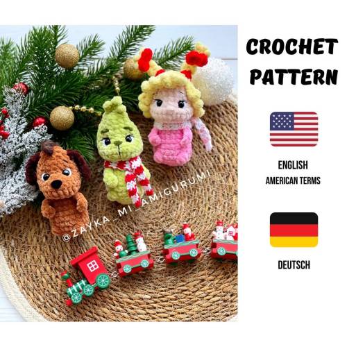Weihnachtsfiguren häkeln | Amigurumi 3er Set PDF | Mädchen, Hund & grüner Weihnachtscharakter 