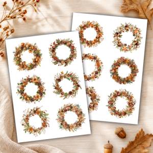 12 Herbst Sticker zum Ausdrucken, Waldkranz Planer Aufkleber Digital, Herbstkranz Erntedank, Scrapbook Deko