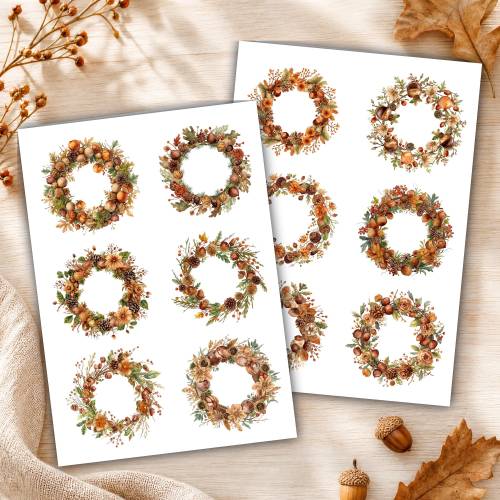 12 Herbst Sticker zum Ausdrucken, Waldkranz Planer Aufkleber Digital, Herbstkranz Erntedank, Scrapbook Deko