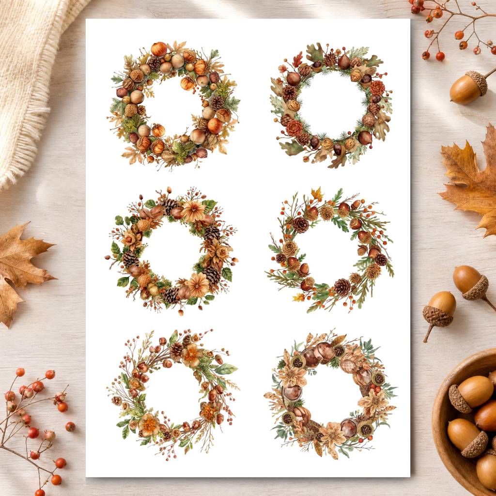 12 Herbst Sticker zum Ausdrucken, Waldkranz Planer Aufkleber Digital, Herbstkranz Erntedank, Scrapbook Deko Bild 3