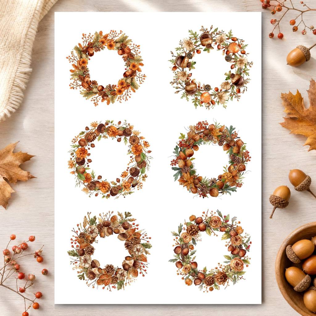 12 Herbst Sticker zum Ausdrucken, Waldkranz Planer Aufkleber Digital, Herbstkranz Erntedank, Scrapbook Deko Bild 4