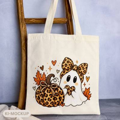 Halloween Stoffbeutel mit Geist & Leo Kürbis – Baumwolltasche | Halloween Tasche Leo Look