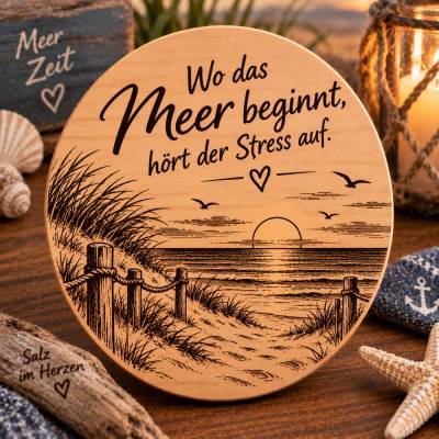 Maritimer Holzuntersetzer „Wo das Meer beginnt, hört der Stress auf“ | Meer & Küste | Geschenk für Meerliebhaber
