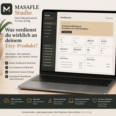 MASAFLE Studio – Produktkalkulation für deine Handmade Produkte | Kosten, Gebühren, Gewinn & Verkaufspreis berechnen
