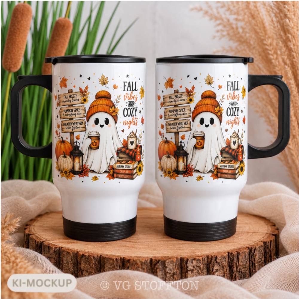 Herbst Thermobecher mit Henkel 390 ml – Geist, Kürbisse & Fall Vibes – Edelstahl Kaffeebecher für unterwegs