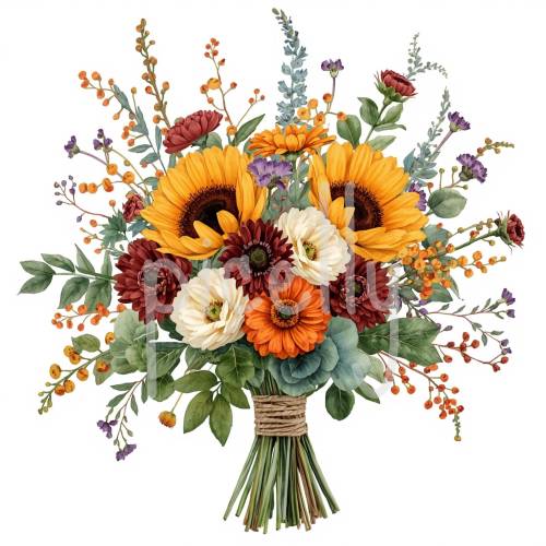 Herbst Wildblumen PNG Set (8), Aquarell Wildblumenstrauß, Herbstblumen Clipart Dahlien Sonnenblumen, Blumen Bouquet