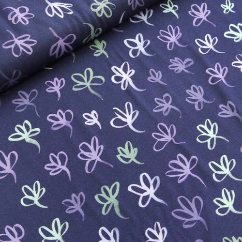 violetter Viskose Jersey mit Blumen in weiß, grün und flieder