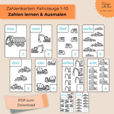 Zahlenkarten Fahrzeuge 1–10 für Kinder – Zahlen lernen & Ausmalen PDF