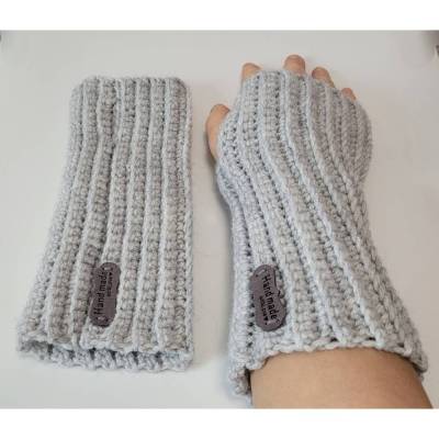 Handgehäkelte Handstulpen mit Daumenöffnung für Damen und größere Mädchen Grau Winter Mischwolle